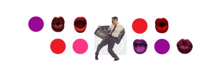 Photo for Contemporary art collage. Active young man in retro style clothes dancing over white background with female lips around. Concept of imagination, inspiration, surrealism, fantasy. Creative design - Royalty Free Image