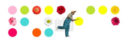 Photo for Contemporary art collage. Young man, gardener with scissors over white background. Growing flower. Florist. Concept of imagination, inspiration, profession. Creative design - Royalty Free Image