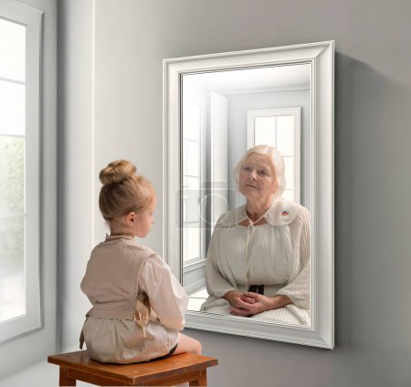 Photo for Creative conceptual collage. Little girl looking in mirror and seeing reflection of senior lady. Her future self. Child and grandmother. Concept of present, past and future, age, lifestyle, generation - Royalty Free Image