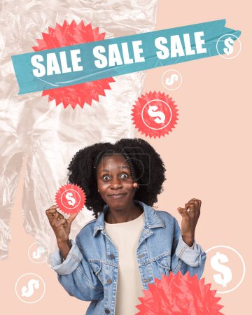 Photo for Contemporary art collage. Excited emotional young african woman feeling happy about big saes season. Creative design. Concept of shopping, sales, Black Friday, creativity. Banner, ad - Royalty Free Image