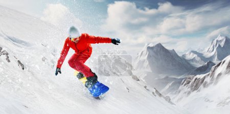 Photo for Sportive man in uniform and helmet riding snowboard over snowy mountain background on sunny day. Dynamics. Concept of winter sport, action, motion, hobby, leisure time. Banner. Copy space for ad - Royalty Free Image