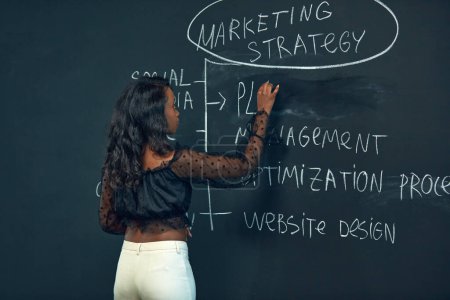 Photo for Business woman writing marketing plan on blackboard, representing professional strategy. Meeting with colleagues for project discussion. Concept of business, planning, brainstorming, analytics, ad - Royalty Free Image