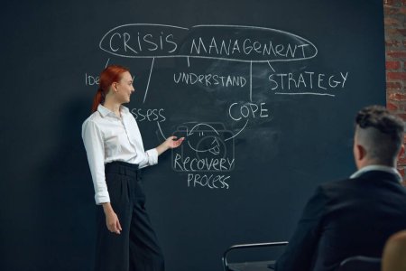 Photo for Coworkers meeting together work management strategies discussion. Woman writing plan on blackboard. Business education and skills. Concept of business, planning, strategy, brainstorming, analytics, ad - Royalty Free Image
