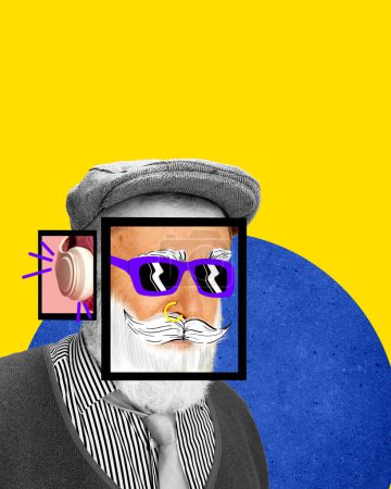 Photo for Contemporary art collage. Stylish hipster. Senior man with dowels over yellow blue background. Youth spirit. Concept of international day of older persons, care, age, October 1. Poster, ad - Royalty Free Image