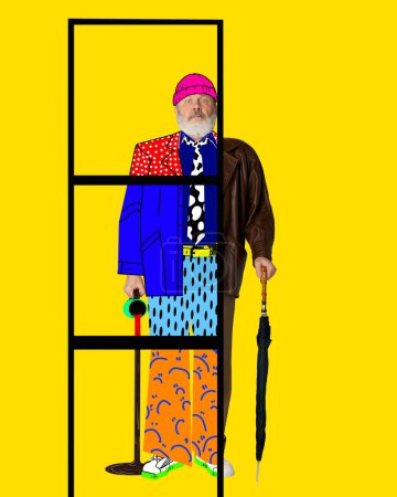 Photo for Contemporary art collage. Senior man in stylish modern clothes again bright yellow background. Concept of international day of older persons, care, age, social issues, October 1. Poster, ad - Royalty Free Image