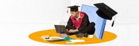 Photo for Contemporary art collage. Concentrated student, man sitting and studying via laptop. Exam preparation. Graduation. Concept of online education, modern technologies, freelance job, innovations, ad - Royalty Free Image