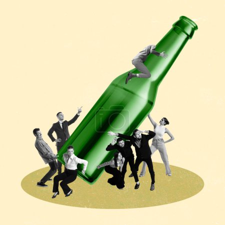 Photo for Young people, employees carrying and climbing on giant beer bottle. preparing for party and evening relaxation. Contemporary artwork. Concept of business, office, party, oktoberfest, leisure time, ad - Royalty Free Image