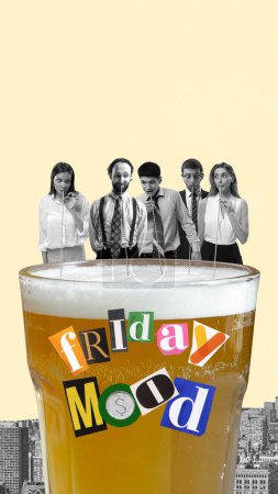 Photo for Group of colleagues, office workers standing neat gian lager beer glass and drinking. Contemporary art collage. Concept of business, office, party, oktoberfest, drink, joy, leisure time, ad - Royalty Free Image