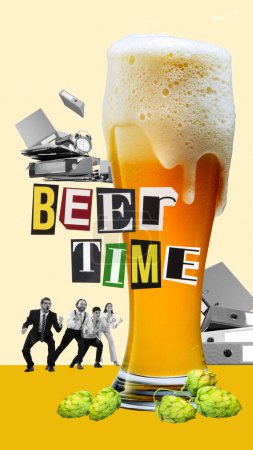 Photo for Finishing tasks. Cheerful and excited employees wanting to drink chill, lager, foamy beer after work. Contemporary art collage. Concept of business, office, party, oktoberfest, drink, leisure time, ad - Royalty Free Image
