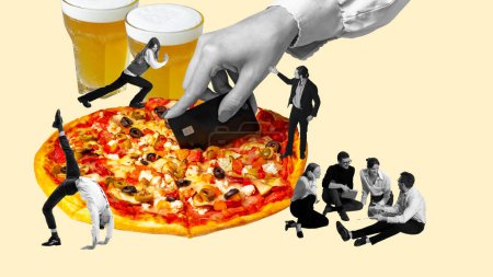 Photo for Friday evening meeting with colleagues. Young people, employees eating to drink beer and eat pizza. Contemporary art collage. Concept of business, office, party, oktoberfest, drink, leisure time, ad - Royalty Free Image