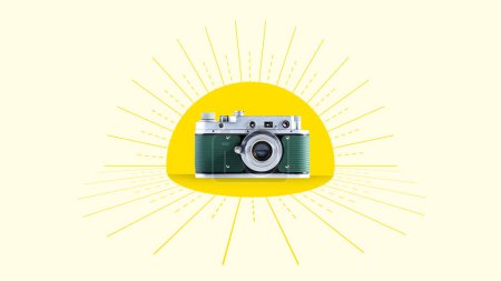 Photo for Stylish retro camera over light background with abstract design elements. Contemporary art collage. Concept of world photography day, creative, abstract art, holiday, profession. Poster, banner, ad - Royalty Free Image