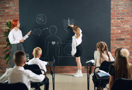 Photo for Cooperation with teacher. Little girl, child standing at chalkboard and drawing. Learning anatomy, human structure at school. Concept of school, education, childhood, knowledge, lifestyle - Royalty Free Image