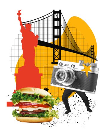 Téléchargez les photos : Voyager en Amérique, visiter des endroits populaires, prendre des photos et manger de la cuisine américaine burgers. Collage d'art contemporain. Concept de voyage, vacances, surréalisme, inspiration. Style rétro. - en image libre de droit
