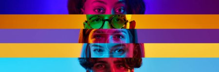 Collage. Close-up images of male and female eyes, people over multicolored background in neon lights. Eyes places in narrow stripes. Concept of human diversity, emotions, equality, human rights, youth