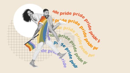 Photo for Young man carrying beautiful woman on his shoulder. Pride month. Lgbt support. Contemporary art collage. Concept of human rights, equality, social issues, acceptance and freedom. Banner, poster, ad - Royalty Free Image