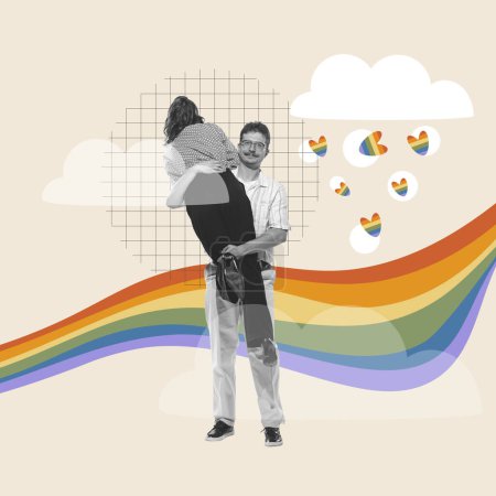 Photo for Young man carrying beautiful woman on his shoulder. Pride month. Lgbt support. Contemporary art collage. Concept of human rights, equality, social issues, acceptance and freedom. Banner, poster, ad - Royalty Free Image