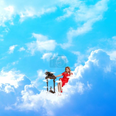 Photo for Beautiful young woman in red dress sitting on cloud and writing novel on retro typewriter. Contemporary art collage. Concept of dreams and fantasy, surrealism, imagination. Copy space for ad - Royalty Free Image