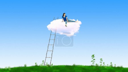 Téléchargez les photos : Jeune femme assise sur un nuage moelleux au-dessus du ciel bleu. Monde intérieur et psychologie. Collage d'art contemporain. Concept de rêve et de fantaisie, surréalisme, imagination. Espace de copie pour la publicité - en image libre de droit