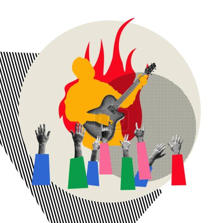 Photo for Silhouette of man playing guitar, making rock concert. Human silhouettes of hands. Contemporary art collage. Concept of music and festival, creativity and inspiration, party, event. Banner, flyer, ad - Royalty Free Image