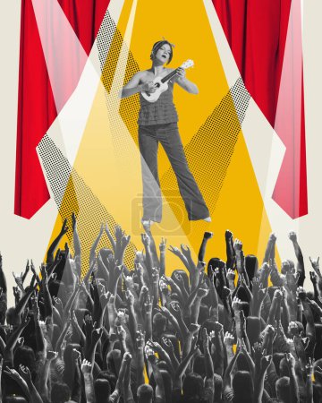 Photo for Talented young woman playing guitar, making live concert, performance Talent show. Human hands raised. Contemporary art collage. Concept of music, festival, inspiration, event. Banner, flyer, ad - Royalty Free Image