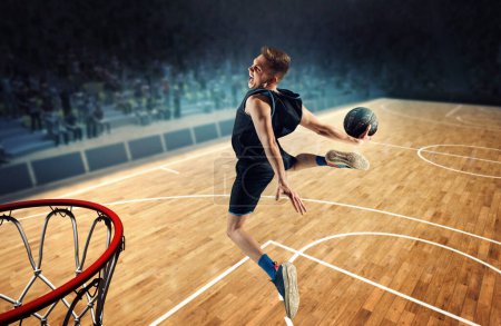 Photo for Top view image of emotional man, basketball player in motion during match, jumping, throwing ball into basket. 3D stadium. Concept of professional sport, competition, action, hobby, game. - Royalty Free Image