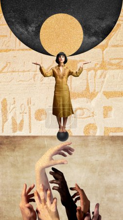 Photo for Young woman in image of Nefertiti. Beautiful model like famous queen of Egypt. Human hands showing loyalty. Contemporary art collage. Concept of eras comparison, creativity, ancient art - Royalty Free Image