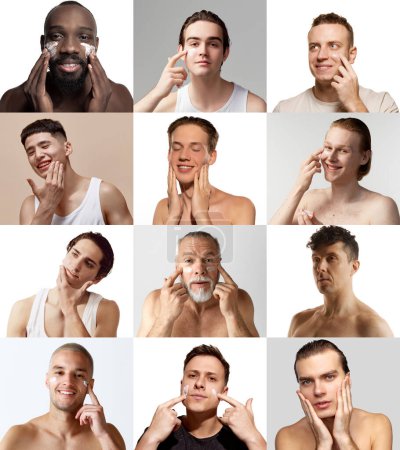 Photo for Collage. Men of different age and nationality taking care after skin, shaving, moisturising over light studio background. Concept of skincare, natural male beauty, cosmetology, cosmetics, ad - Royalty Free Image