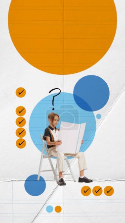 Photo for Conceptual art collage. Little boy, child sitting with giant paper and looking with equation. Exams at school. Concept of education, childhood, school, back to school, emotions, ad. Vertical design - Royalty Free Image