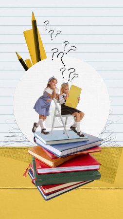 Photo for Conceptual art collage. Little beautiful girls, children, primary school student standing on books and learning, reading. Concept of education, childhood, school, back to school, emotions, ad - Royalty Free Image