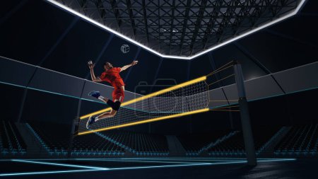 Photo for Dynamic image of young man, professional volleyball player in motion, hitting ball near net. Match, 3D stadium, arena. Concept of competition, professional sport, active lifestyle, hobby, motivation. - Royalty Free Image