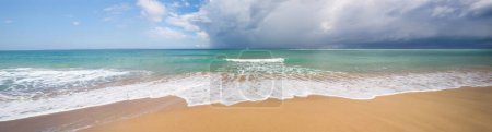 Photo for Beach on tropical island. Clear blue water, sand, clouds. Breathtaking view of ocean. Amazing vacation spot. Beautiful wallpaper for desktop, wallpaper. Concept of nature, travelling - Royalty Free Image