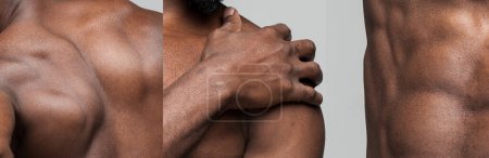 Foto de Imagen de primer plano del cuerpo masculino musculoso, fuerte y de color oscuro. Masculinidad. Belleza masculina. Concepto de arte corporal, estética, cuidado de la piel y del cuerpo, sensualidad. Banner, fondo de pantalla - Imagen libre de derechos