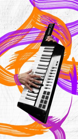 Photo for Creative colorful design with male hands playing synthesizer over white background with colorful splashes. Contemporary art collage. Concept of music, festival, minimalist, surrealism. Poster, ad - Royalty Free Image
