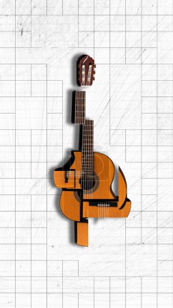 Photo for Creative design with guitar in puzzled style against white background. Creating music. Contemporary art collage. Concept of music, festival, creativity, minimalist, surrealism. Poster, ad - Royalty Free Image