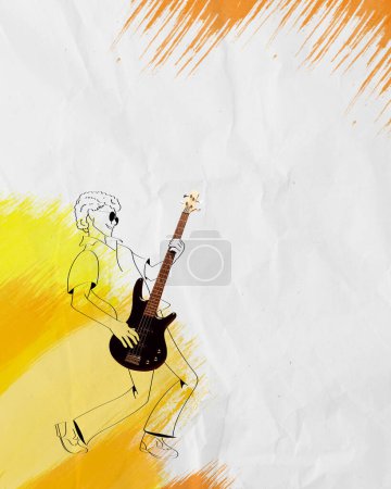 Téléchargez les photos : L'art linéaire. Silhouette d'homme jouant de la guitare sur fond clair avec des éléments abstraits colorés. Collage d'art contemporain. Concept de musique, festival, créativité, minimalisme, surréalisme. Affiche, annonce - en image libre de droit