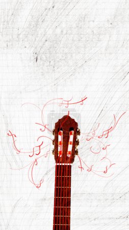 Foto de Diseño vertical con guitarra y acordes sobre fondo claro. Preparación de instrumentos. collage de arte contemporáneo. Concepto de música, festival, creatividad, minimalista, surrealismo. Póster, anuncio - Imagen libre de derechos