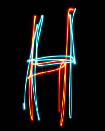 Photo for Letter H of the alphabet made from neon sign. The blue red light image, long exposure with colored fairy lights, against a black background. Concept of design - Royalty Free Image