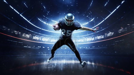 Photo for Motivated and competitive sportsman, professional american football player in motion with ball on dark sports arena. 3d render background. Concept of sport, competition, action and motion, game, win. - Royalty Free Image