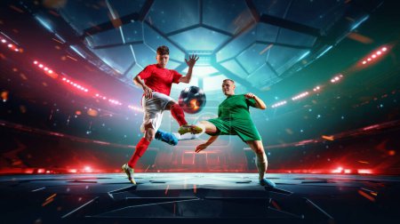 Photo for Two competitive sportsmen, professional american football players in motion with ball on sports arena. 3d render background. Concept of sport, competition, action and motion, game, win. - Royalty Free Image