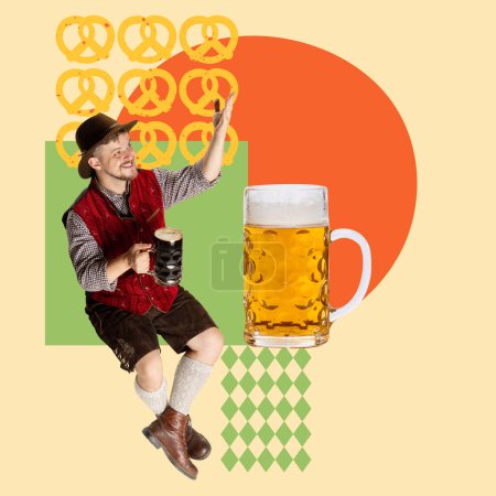 Photo for Smiling, cheerful man in vacarian style clothes drinking beer and cheering everyone with beer fest. Contemporary art. Concept of Oktoberfest, holiday, traditional festival, alcohol drink. Poster, ad - Royalty Free Image