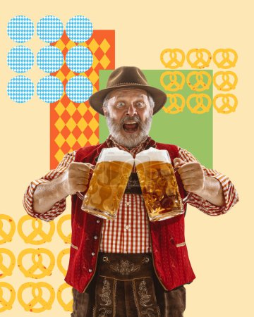 Photo for Emotional senior man in stylish clothes clinking big mugs with foamy lager beer. Cheers. Contemporary art collage. Concept of Oktoberfest, holiday, traditional festival, alcohol drink. Poster, ad - Royalty Free Image