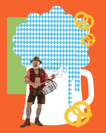 Téléchargez les photos : Homme âgé joyeux en vêtements bavarois jouer de la batterie, célébrer la fête de la bière. Collage d'art contemporain. Concept d'Oktoberfest, vacances, festival traditionnel, boisson alcoolisée. Affiche, annonce - en image libre de droit