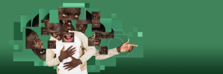 Photo for Young african guy expressing different emotions of happiness, anger, calmness on green background. Creative conceptual design. Concept of psychology, diversity of human emotions, feelings, surrealism. - Royalty Free Image