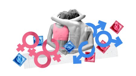 Photo for Man and woman, young couple hugging over white background with gender signs and condoms. Safety. Contemporary art collage. Concept of world sexual health day, relationship, awareness. Poster, ad - Royalty Free Image