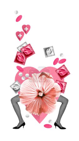 Photo for Female health care and safety. Womans legs, flower, condoms and pills over white background. Contemporary art. Concept of world sexual health day, relationship, health care, awareness. Poster, ad - Royalty Free Image