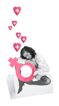 Photo for Young woman sitting with female gender sign over white background with hearts. Medical safety. Contemporary art. Concept of world sexual health day, relationship, health care, awareness. Poster, ad - Royalty Free Image