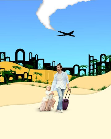 Photo for Happy, positive man, father going on vacation with his little cute daughter sitting on suitcase. Contemporary art collage. Concept of world tourism day, travel, surrealism, joy and fun. Poster, ad - Royalty Free Image