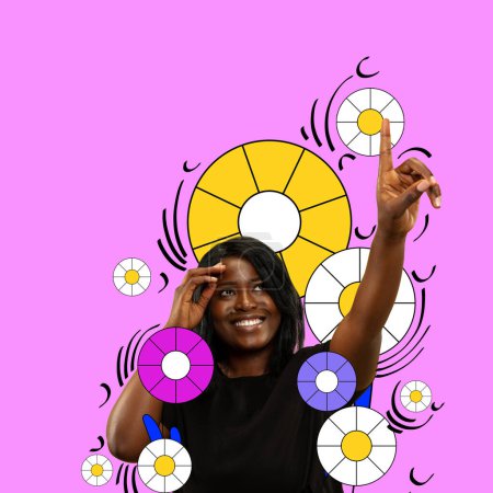 Photo for Cheerful, smiling, african woman over colorful background. Race equality. Contemporary art collage. Concept of womens equality day and feminism, social issues, gender, acceptance. Banner, flyer, ad - Royalty Free Image