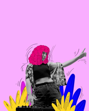 Photo for Young beautiful woman in image of dj over pink background. Choice of profession. Contemporary art collage. Womens equality day, feminism, social issues, gender, acceptance concept. Banner, flyer, ad - Royalty Free Image