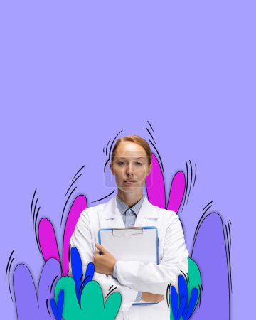 Photo for Serious and concentrated woman working as doctor. Gender equality in choice of profession. Contemporary art collage. Concept of womens equality day, feminism, social issues, acceptance. Flyer, ad - Royalty Free Image